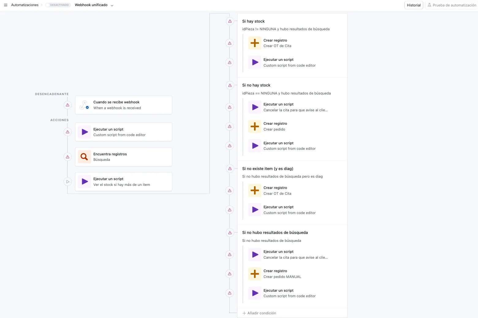 Airtable automation — unified webhook that routes the flow based on stock