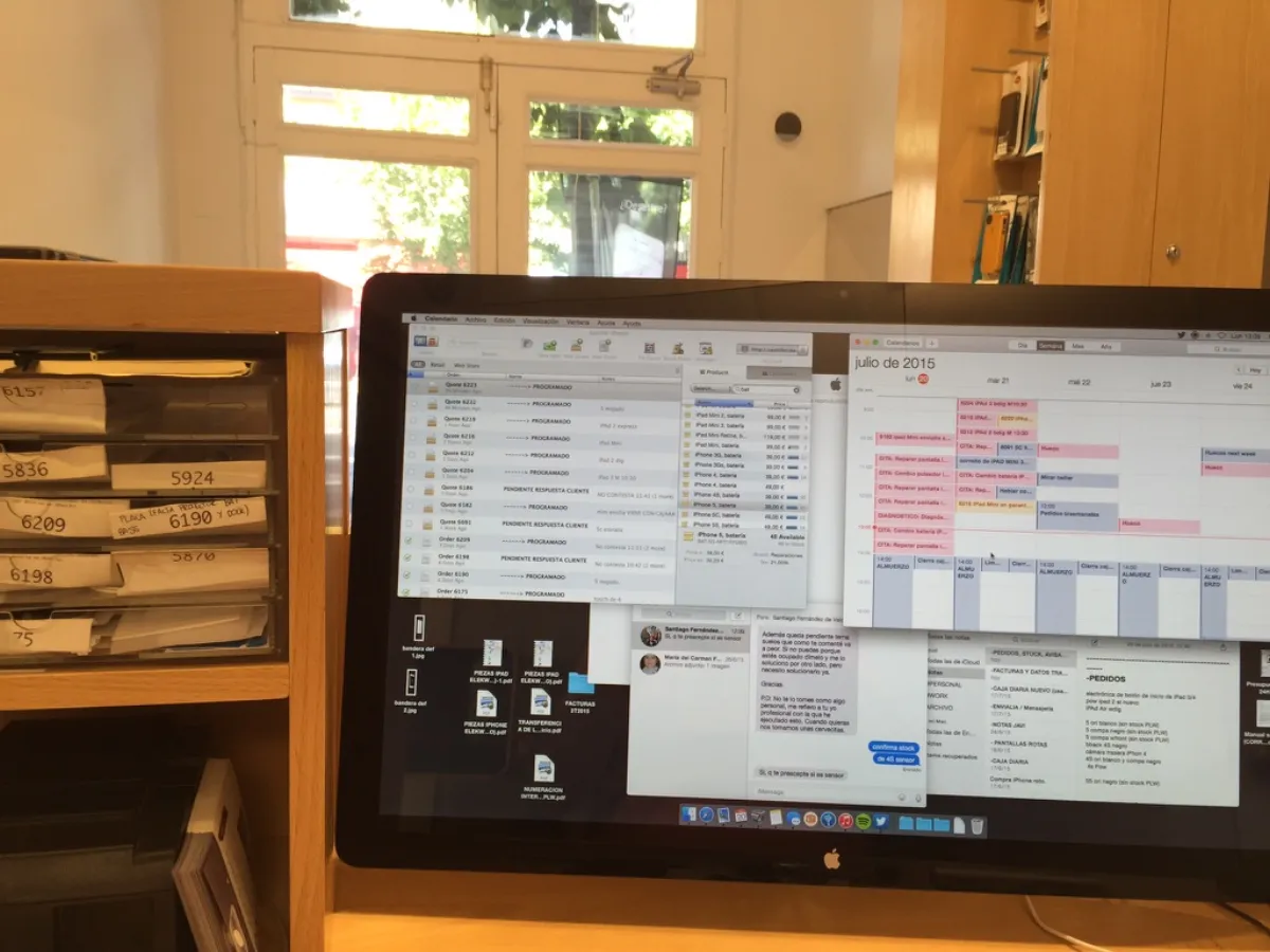 Desktop with Checkout POS, calendar, notes and parts drawers — July 2015