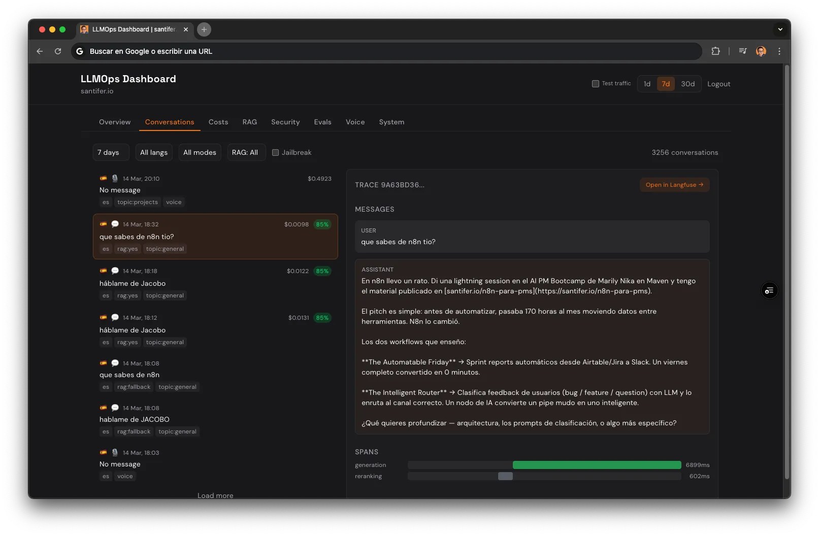 LLMOps Dashboard: Conversations tab — real conversation list with cost, tags, language, and trace detail with spans