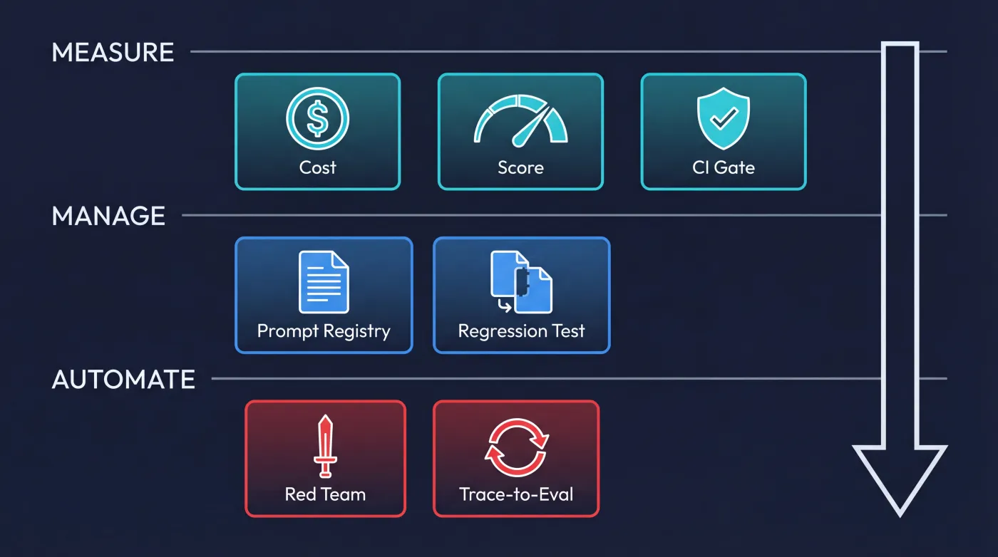 The MMA Loop: Measure (Cost, Score, CI Gate) → Manage (Prompt Registry, Regression Test) → Automate (Red Team, Trace-to-Eval)