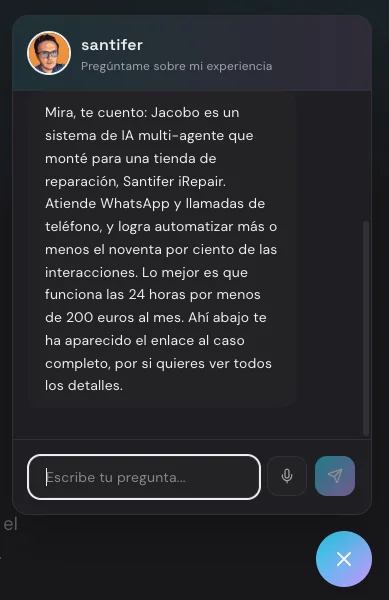 Text mode: response about Jacobo with source badges, microphone button to switch to voice