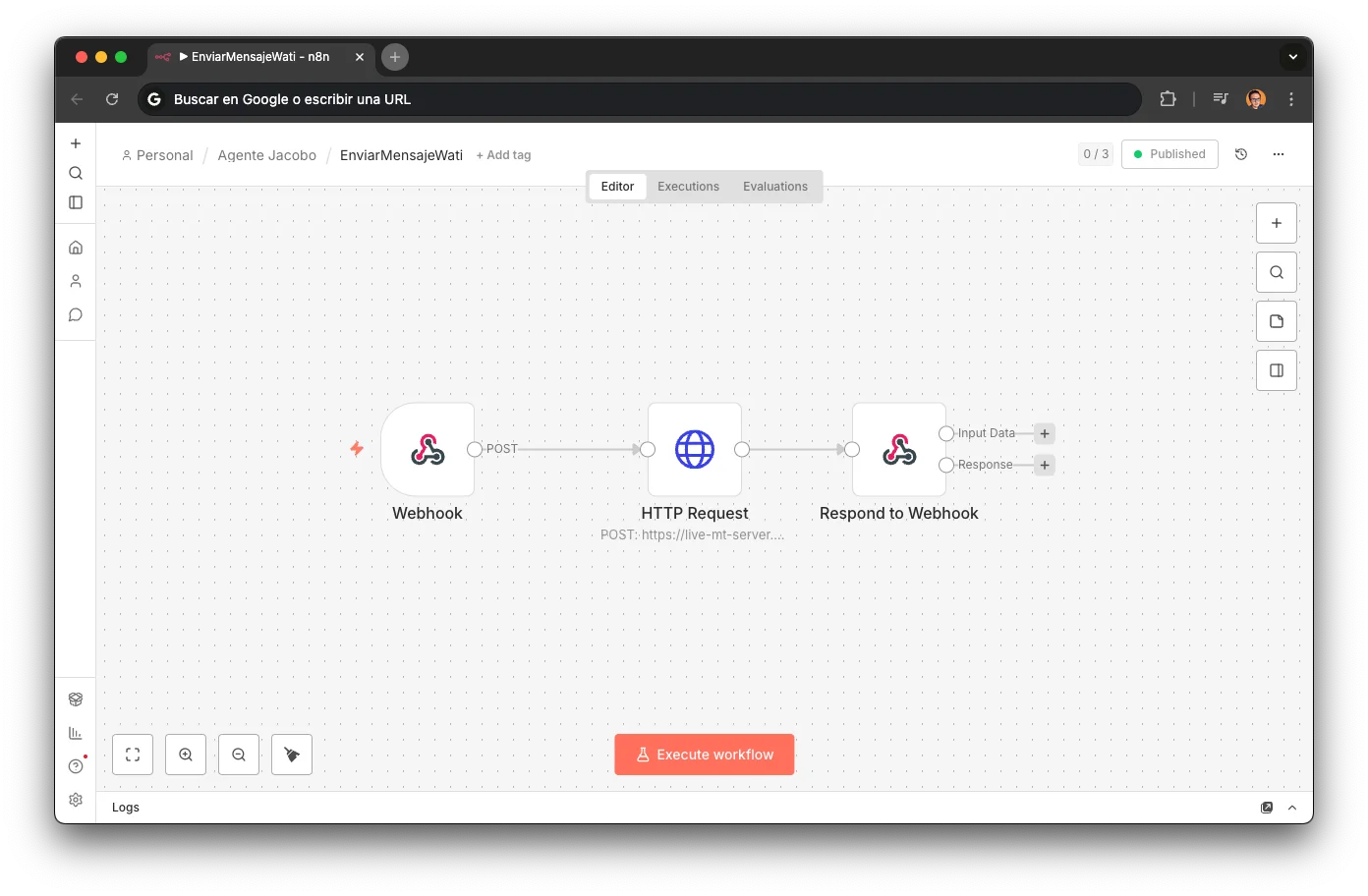 EnviarMensajeWati workflow in n8n