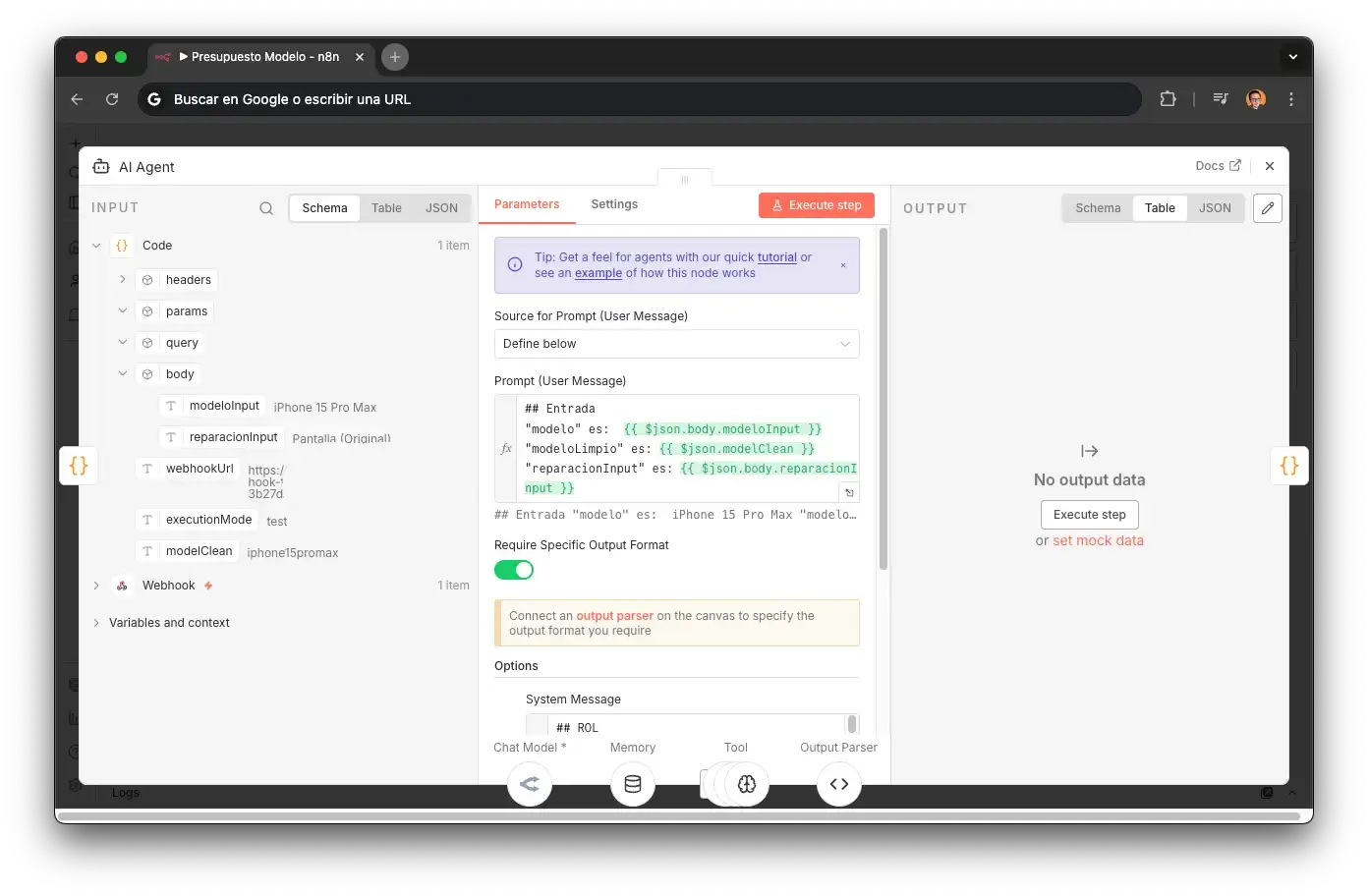 AI Agent node in quotes sub-agent in n8n