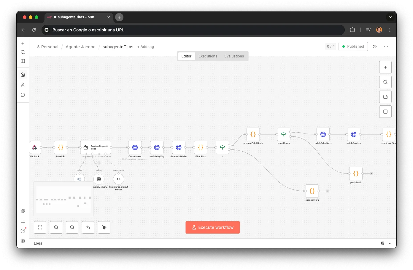 Appointments sub-agent workflow in n8n: 18 nodes