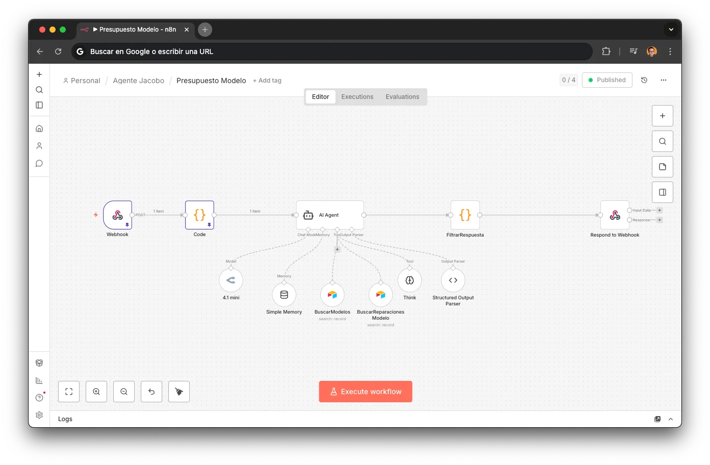 Quotes sub-agent workflow in n8n: 11 nodes