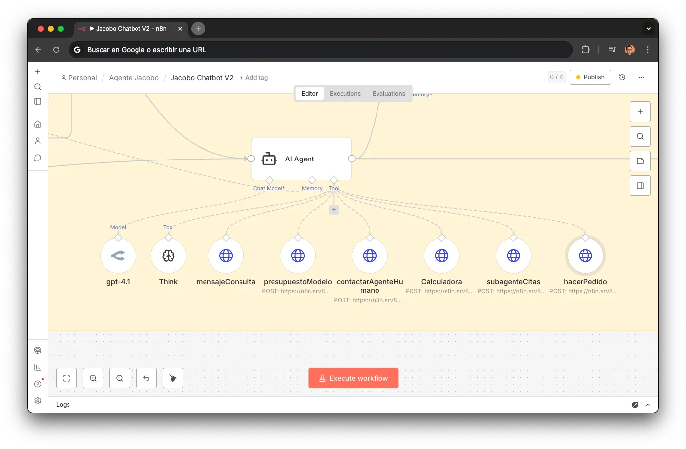 Tool calling in n8n: 7 tools defined as HTTP endpoints