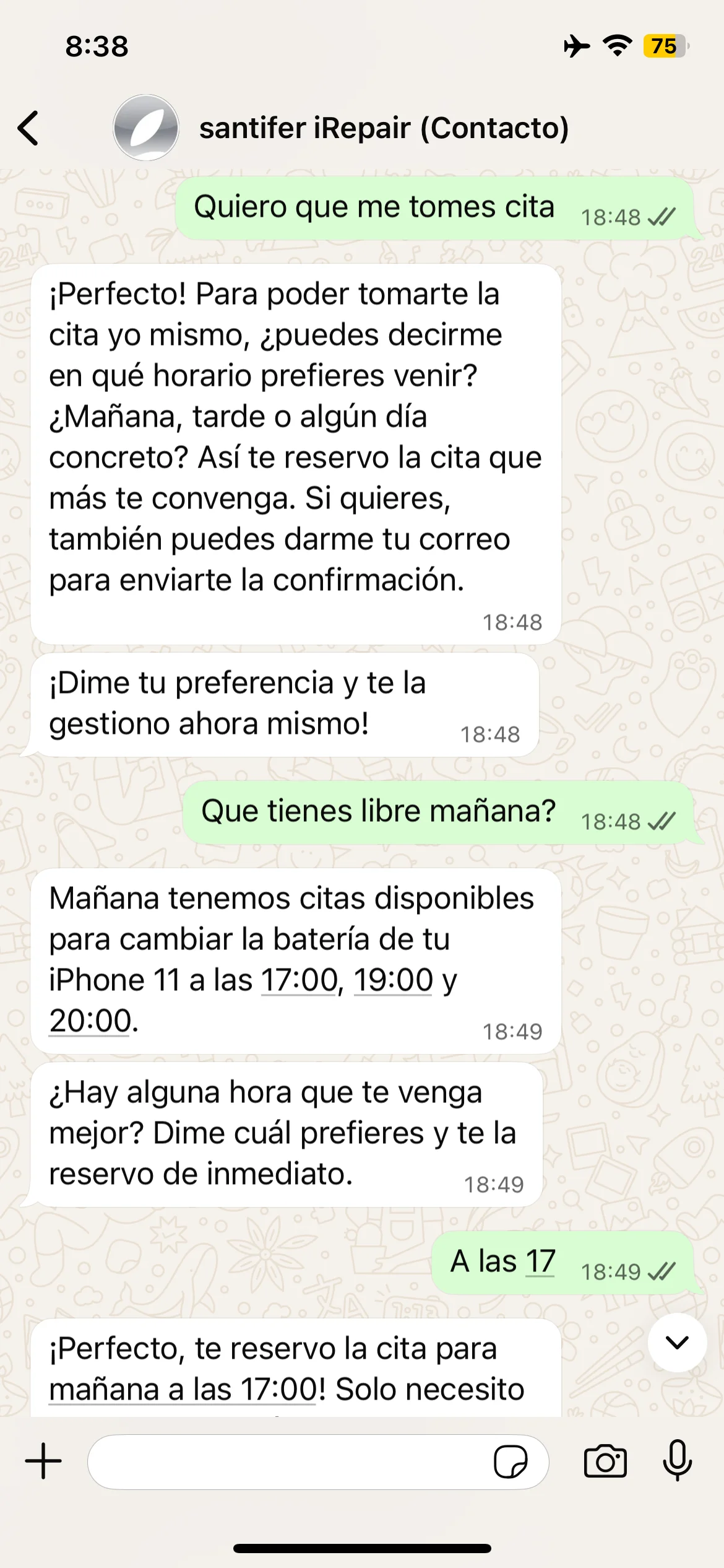 Booking: email → confirmed appointment + WhatsApp confirmation template