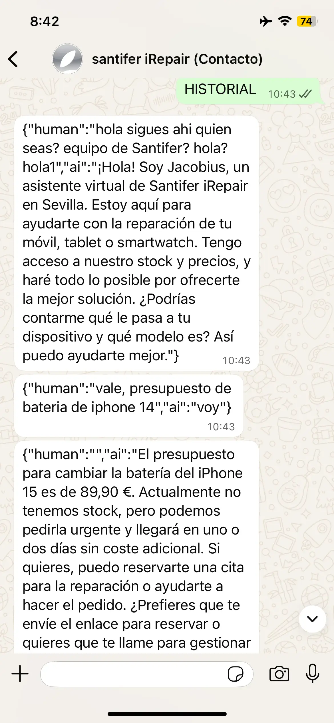HISTORIAL command: raw JSON from memory buffer exposed in chat