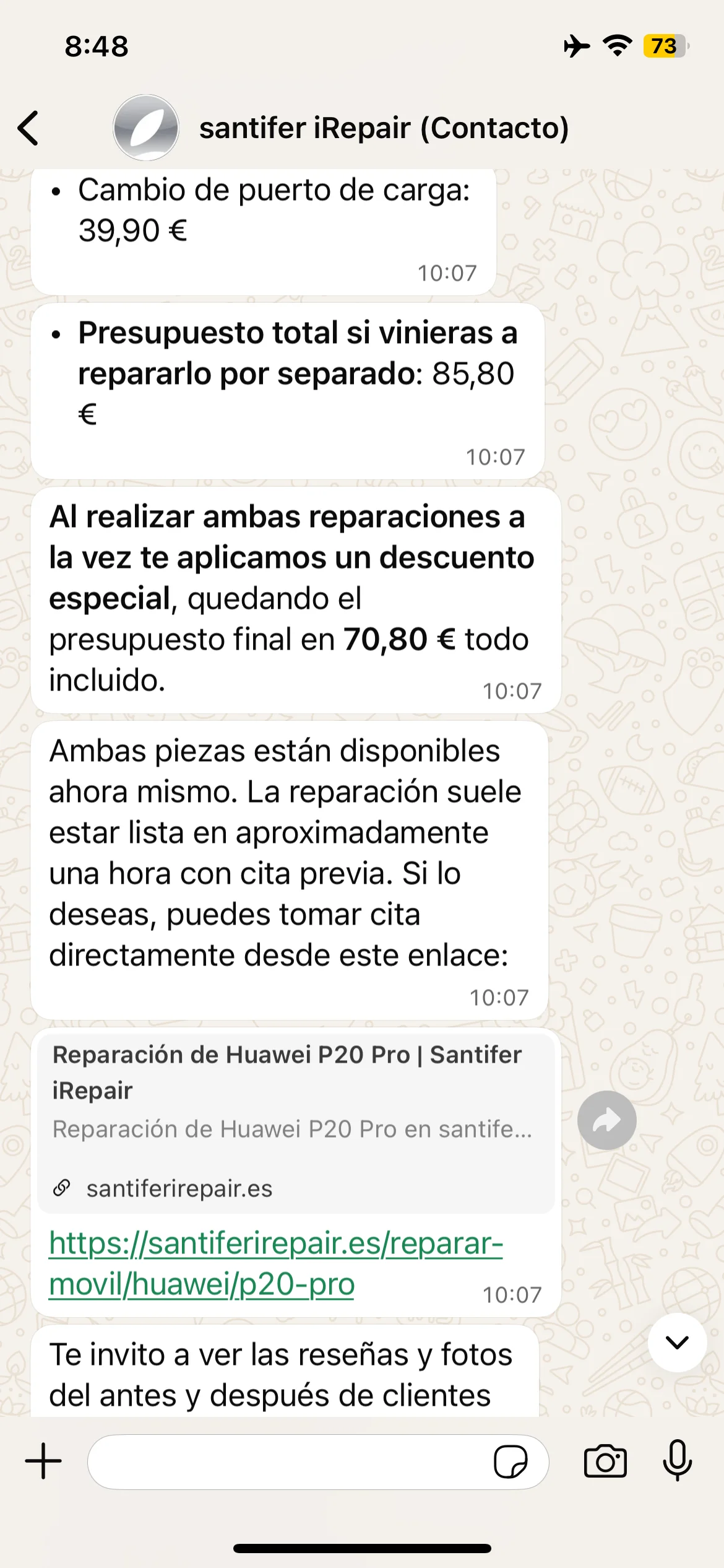 Email: battery + charging port = €85.80 → combo discount €70.80