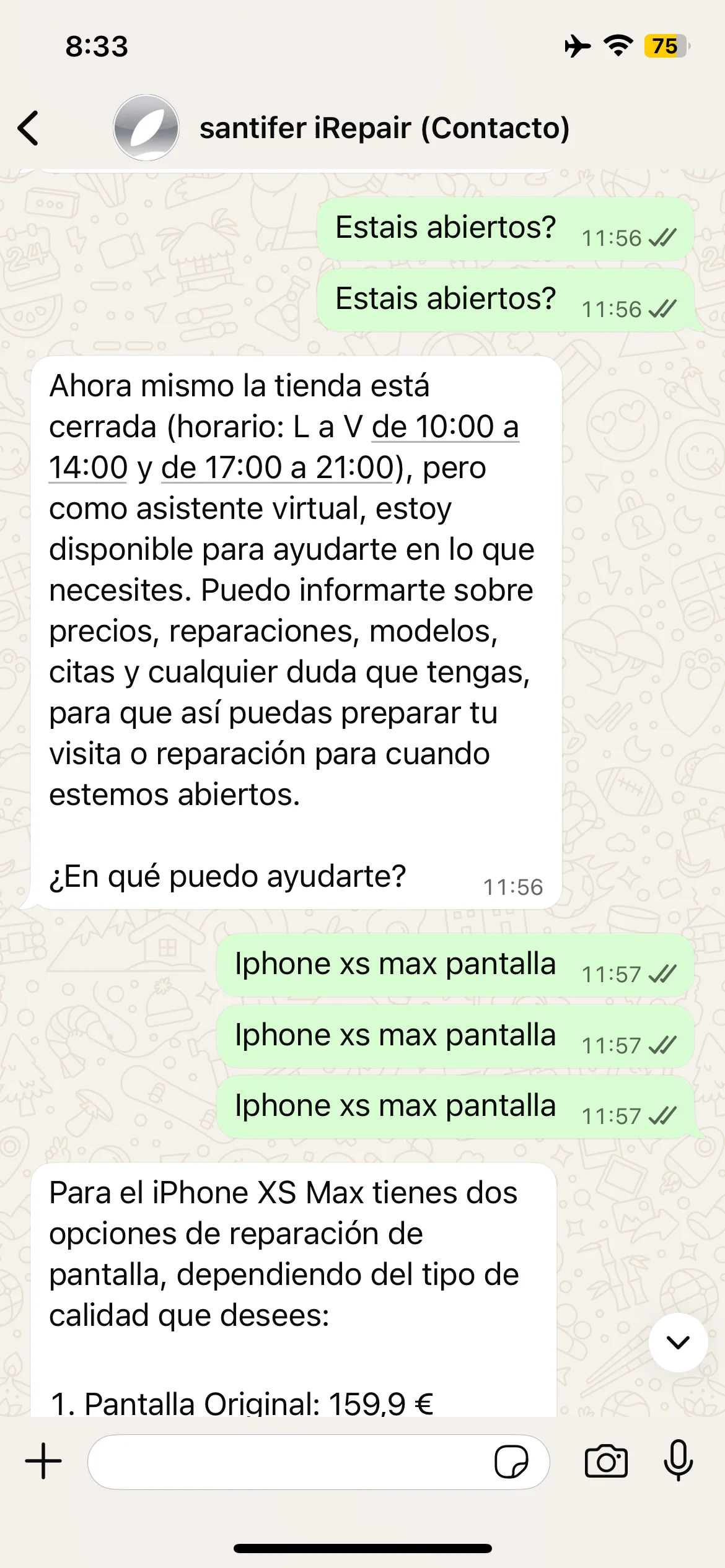 "Are you open?" at 11:56 → "The shop is closed" with full schedule