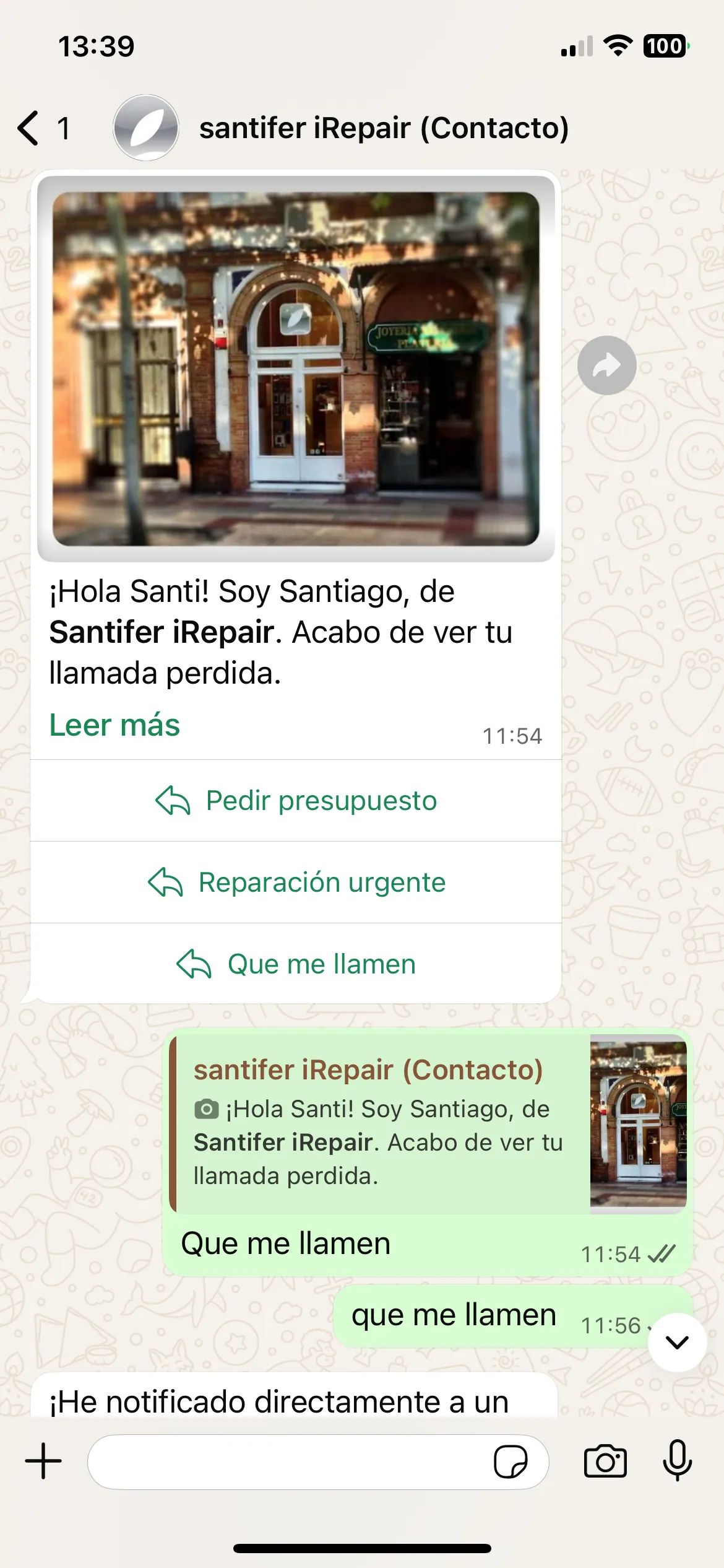 WhatsApp template after missed call: buttons Get a quote, Book appointment