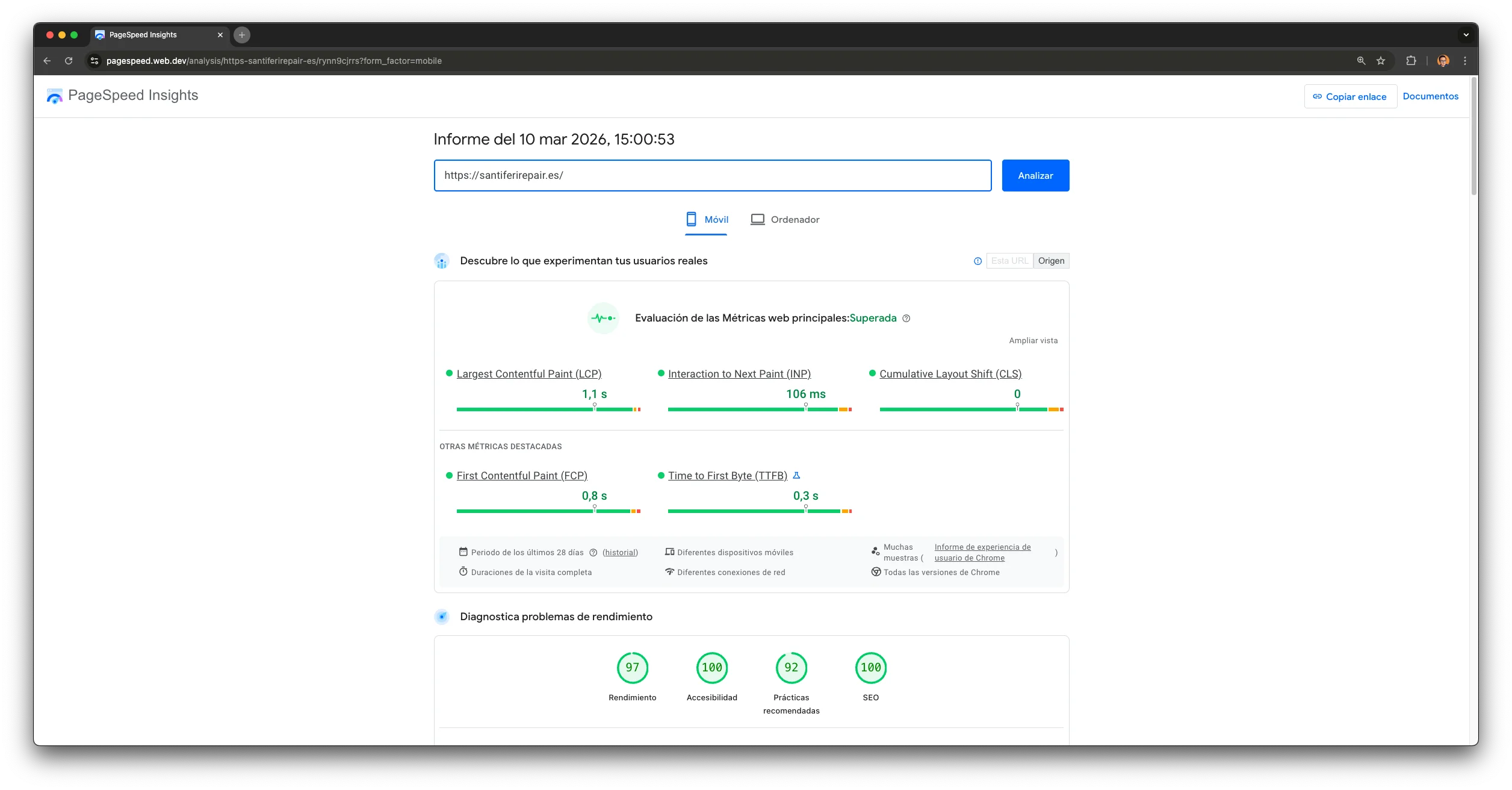 PageSpeed Insights: Lighthouse 97 on mobile, Accessibility 100, SEO 100. Core Web Vitals: Passed