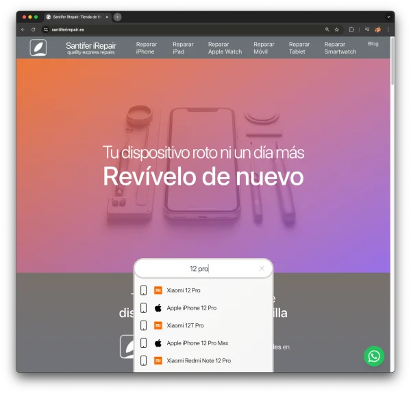 Homepage search: "12 pro" shows results across all brands