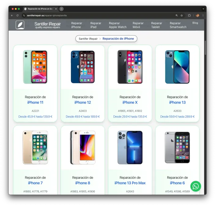 iPhone category page with ERP-synced price ranges