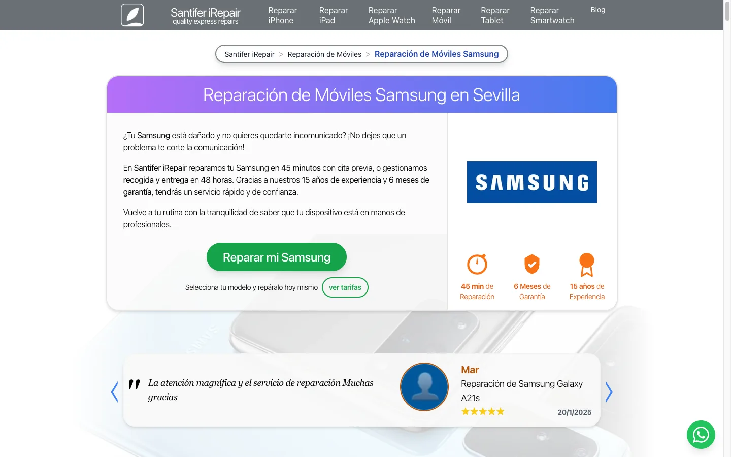 Samsung category page on santiferirepair.es