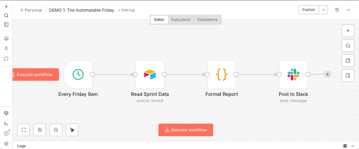 n8n automated sprint report workflow for product managers: Schedule Trigger every Friday → Read Sprint Data from Airtable → Format Report with Code node → Post to Slack channel